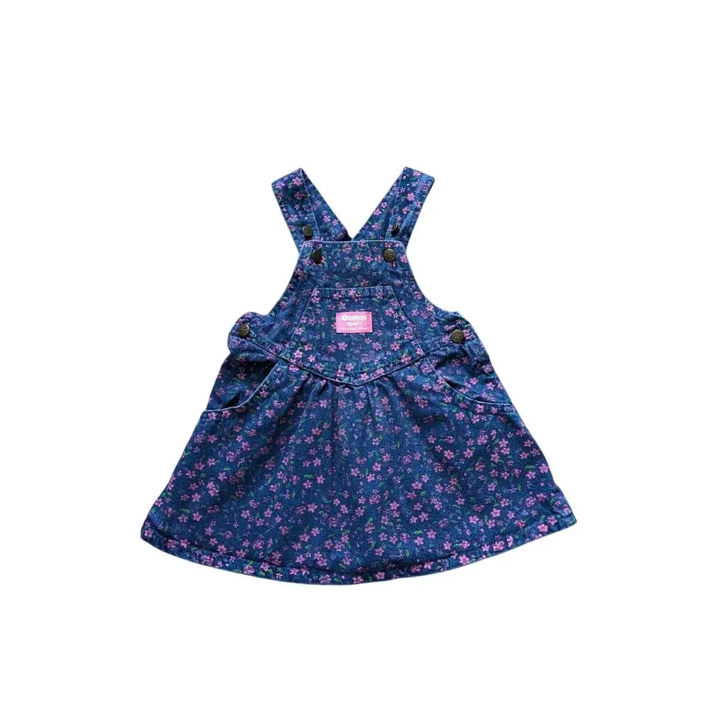 Vintage OshKosh B'gosh Overall Dress Girl 2T Denim Dark Floral Retro 90S Cotton